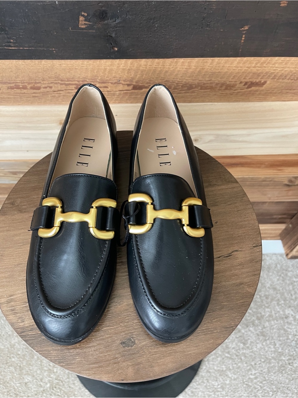 ELLE Black Leather Loafers with Gold-Tone Horsebit